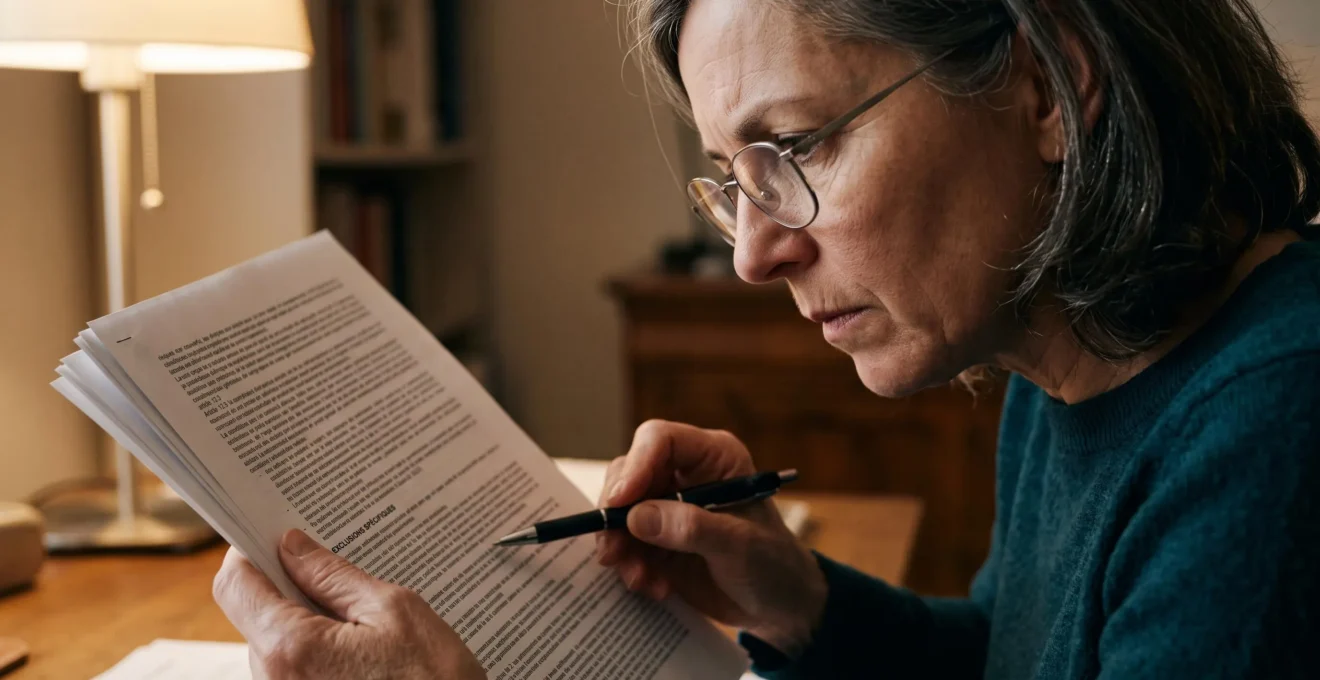 Personne lisant attentivement les clauses d'exclusion en petits caractères d'un contrat d'assurance avec concentration
