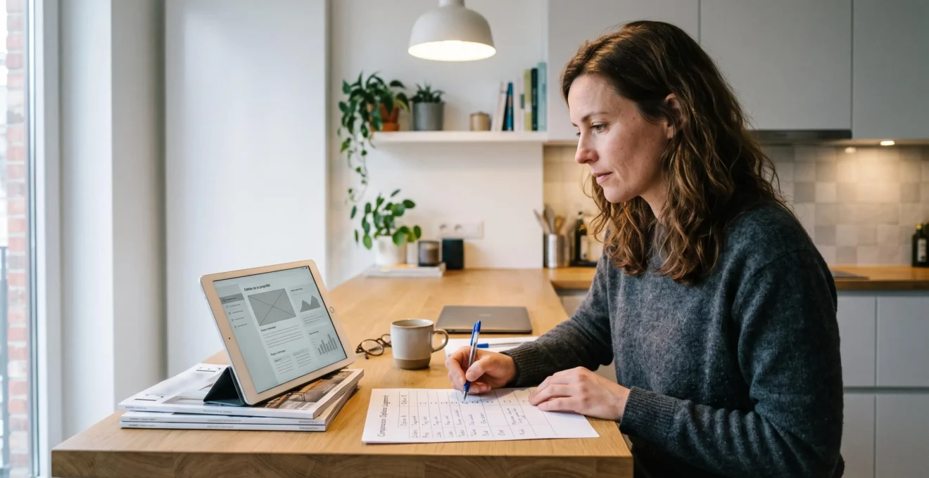 Personne utilisant une méthode de comparaison structurée avec tableau et checklist pour évaluer plusieurs offres bancaires groupées