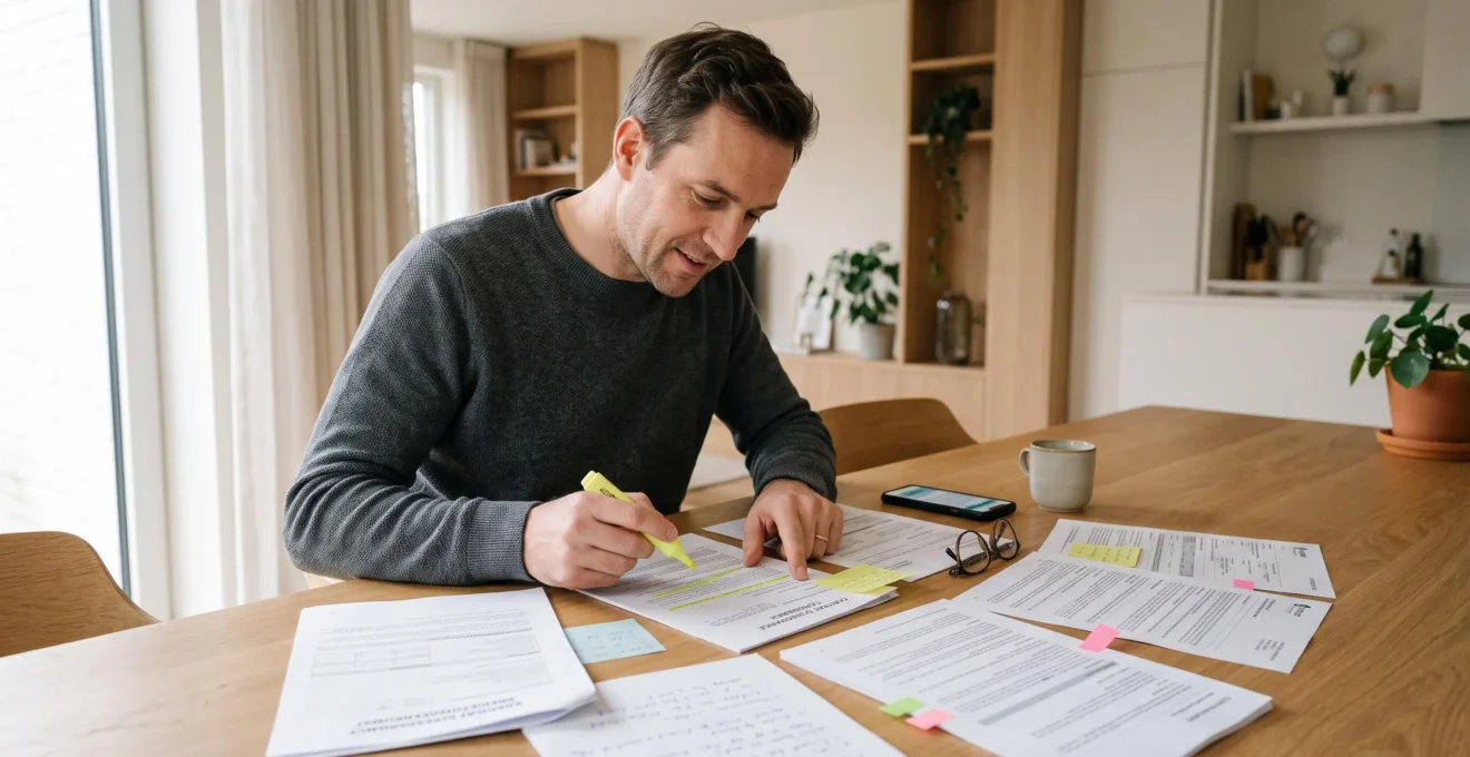 Personne vérifiant méthodiquement plusieurs contrats d'assurance et documents bancaires étalés sur une table à domicile
