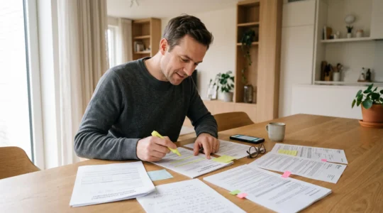 Personne vérifiant méthodiquement plusieurs contrats d'assurance et documents bancaires étalés sur une table à domicile