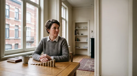Personne analysant ses revenus mensuels dans un intérieur belge pour construire une stratégie patrimoniale