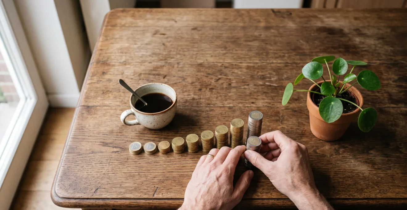 Une personne organise ses finances personnelles à une table de cuisine belge, avec des piles de pièces symbolisant la planification budgétaire