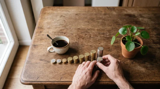 Une personne organise ses finances personnelles à une table de cuisine belge, avec des piles de pièces symbolisant la planification budgétaire
