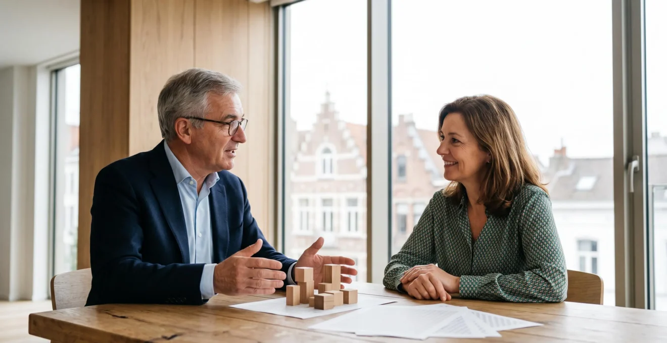 Un conseiller financier et son client examinant une strategie patrimoniale dans un bureau lumineux avec vue sur l'architecture typique de Bruxelles