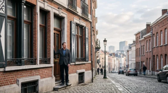 Investisseur belge évaluant une décision patrimoniale immobilière face à une maison de style bruxellois, symbolisant le choix d'un dispositif fiscal adapté