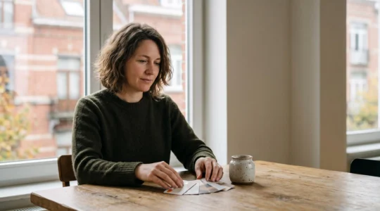 Une personne assise à une table en bois examine plusieurs cartes bancaires disposées en éventail, symbolisant le choix entre différentes banques belges
