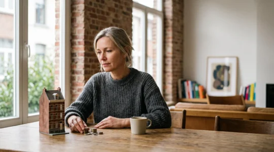 Personne assise à une table en bois analysant ses finances personnelles et un projet immobilier dans un intérieur belge lumineux