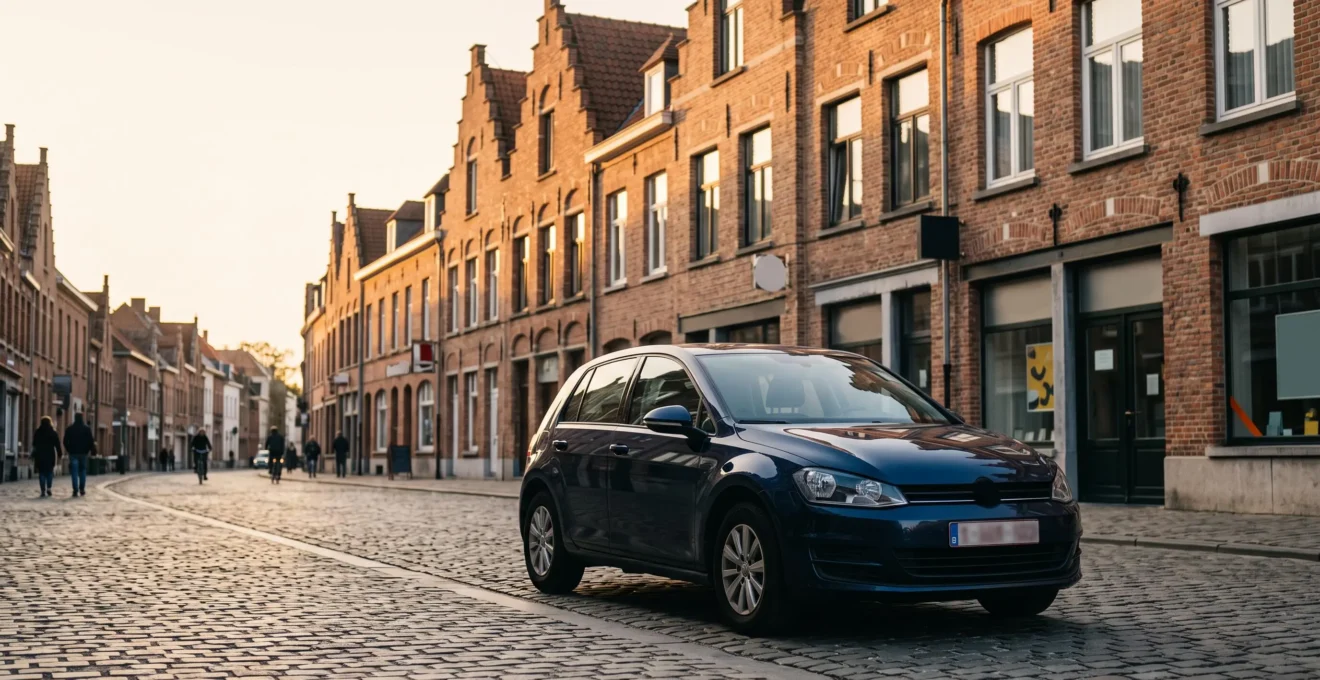 Voiture familiale garée devant une rue de maisons en briques typiquement belges, symbole d'un financement automobile bien négocié