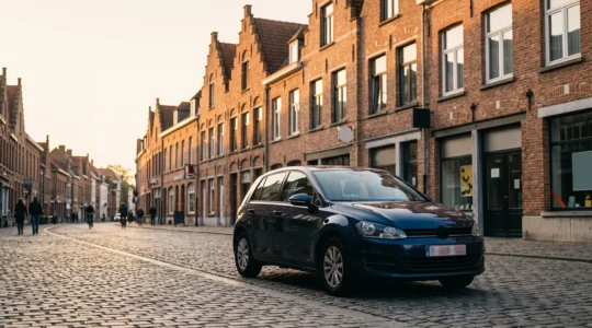 Voiture familiale garée devant une rue de maisons en briques typiquement belges, symbole d'un financement automobile bien négocié