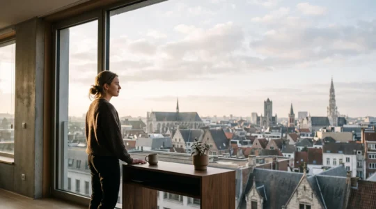 Jeune investisseur belge novice contemplant une stratégie boursière simple face à un horizon urbain belge