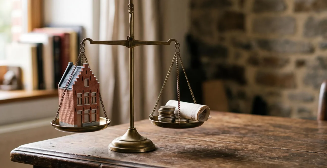 Balance symbolique représentant le diagnostic de la santé financière d'un ménage belge, entre patrimoine immobilier et liquidités