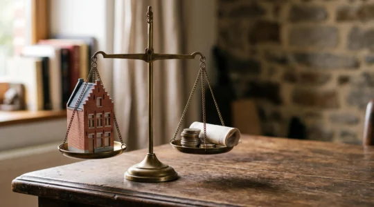 Balance symbolique représentant le diagnostic de la santé financière d'un ménage belge, entre patrimoine immobilier et liquidités