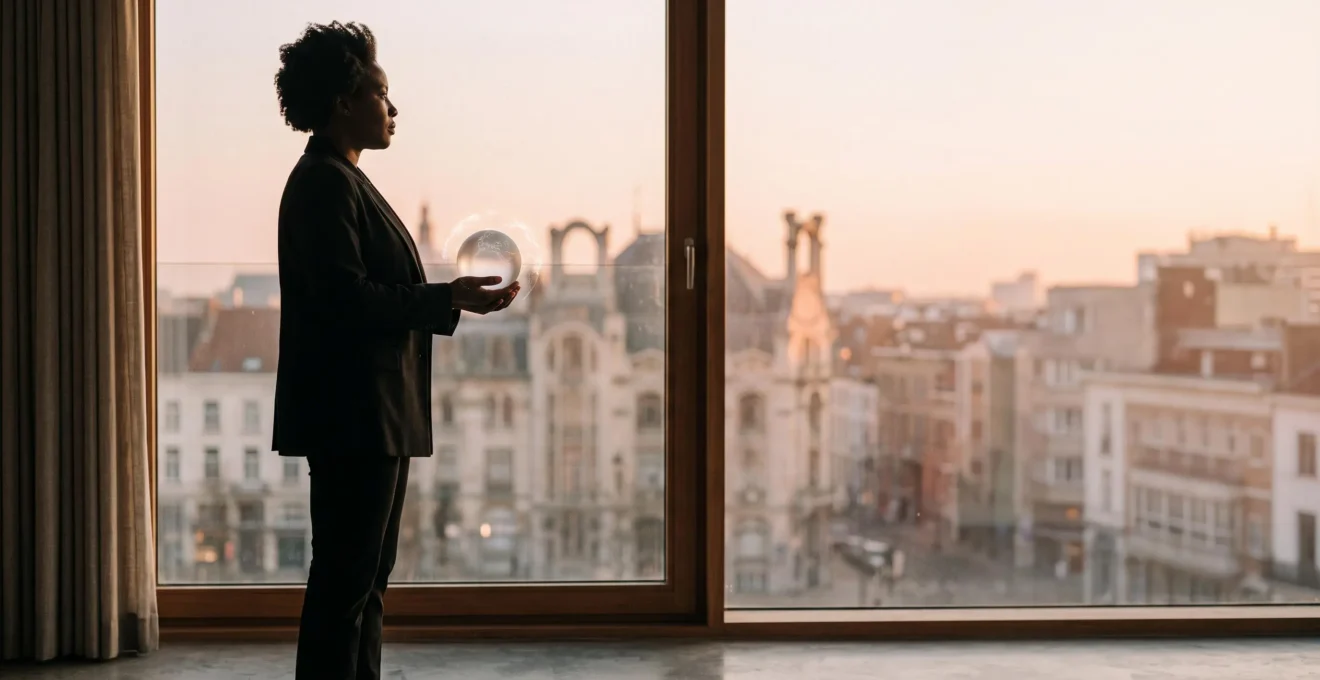Investisseur belge contemplant les marchés financiers internationaux depuis une fenêtre panoramique au coucher du soleil