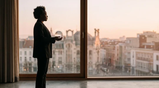 Investisseur belge contemplant les marchés financiers internationaux depuis une fenêtre panoramique au coucher du soleil