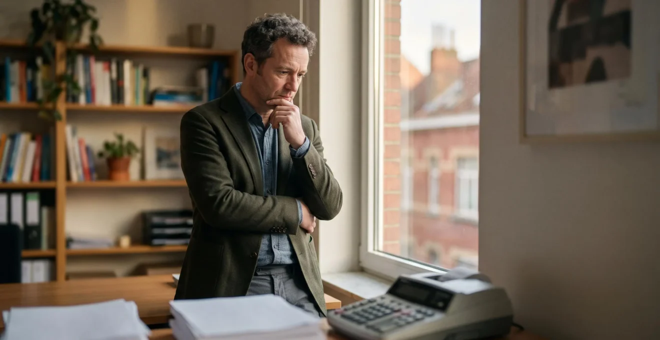 Entrepreneur belge inquiet consultant ses finances, symbolisant la pression de trésorerie causée par les retards de paiement clients