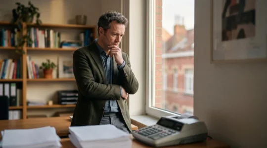 Entrepreneur belge inquiet consultant ses finances, symbolisant la pression de trésorerie causée par les retards de paiement clients