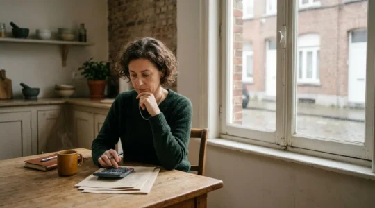 Personne en Belgique consultant sereinement ses finances à domicile pour un projet de consommation sans déséquilibrer son budget