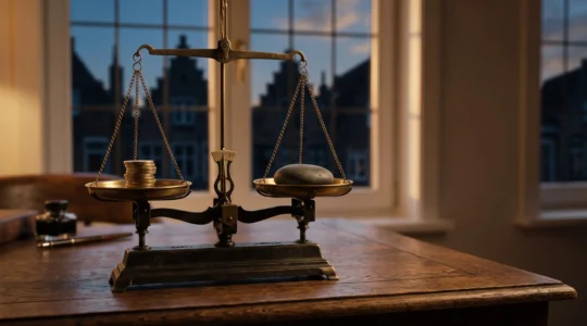 Une balance en équilibre délicat entre une pièce de monnaie dorée et un galet gris, symbolisant l'équilibre entre rendement et risque d'un placement en Belgique