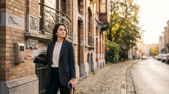 Une personne consulte discretement son smartphone pour gerer ses finances devant une facade architecturale typique de Bruxelles