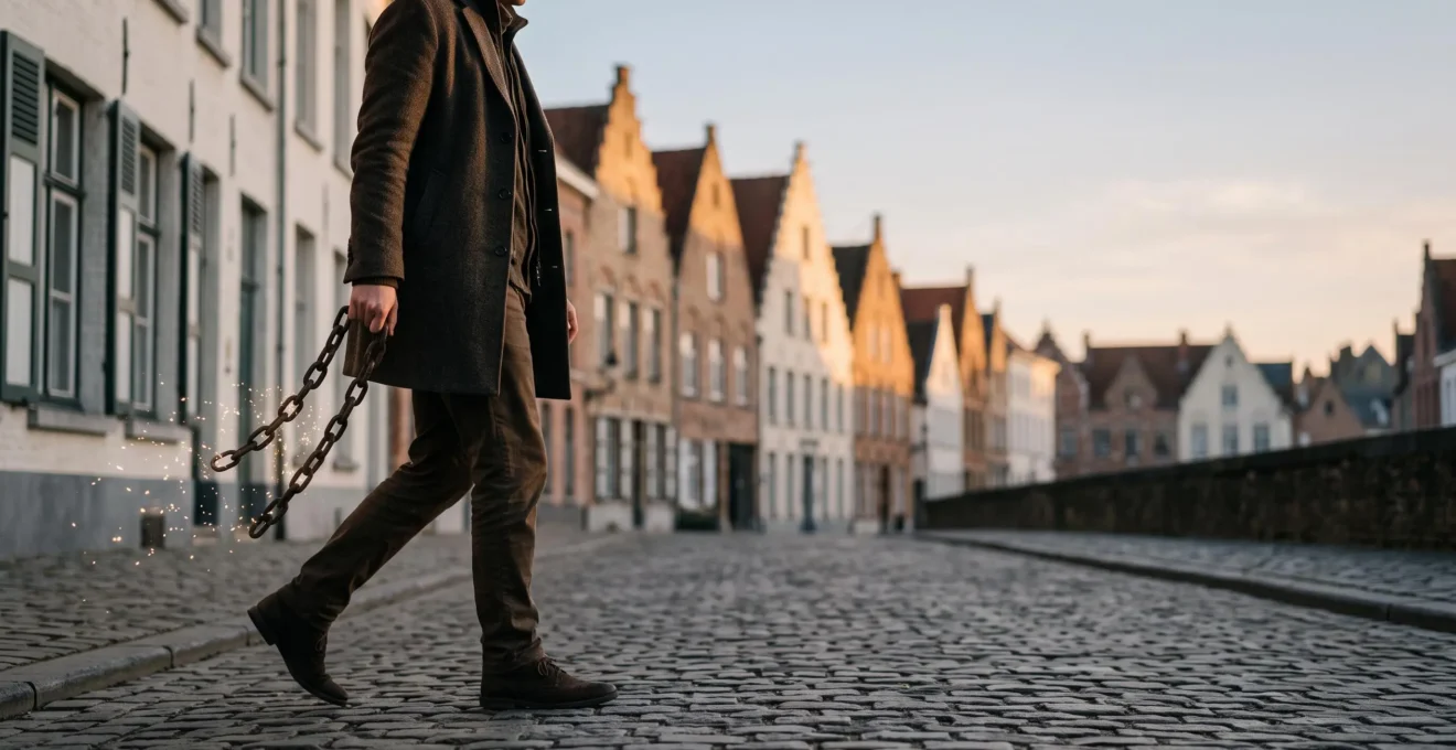 Silhouette d'une personne avançant librement vers la lumière, symbolisant l'allègement d'un fardeau financier grâce à un rachat de crédit stratégique en Belgique.