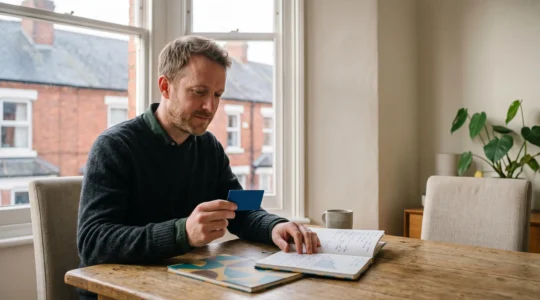 Une personne assise dans un intérieur belge examine sereinement ses finances personnelles, carte bancaire à la main, symbolisant la négociation d'une autorisation de découvert