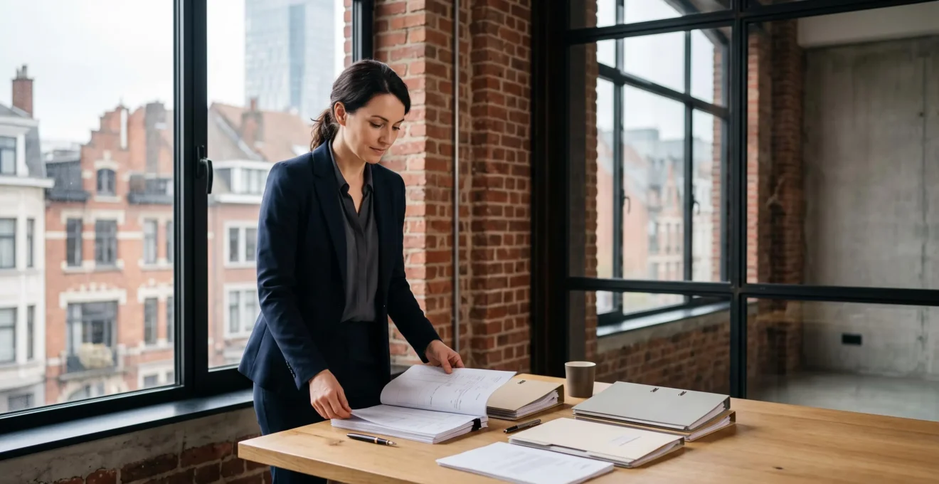 Entrepreneur belge organisant les finances de son entreprise dans un bureau lumineux avec des documents et graphiques abstraits