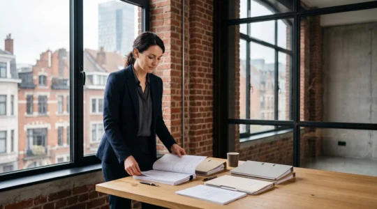 Entrepreneur belge organisant les finances de son entreprise dans un bureau lumineux avec des documents et graphiques abstraits