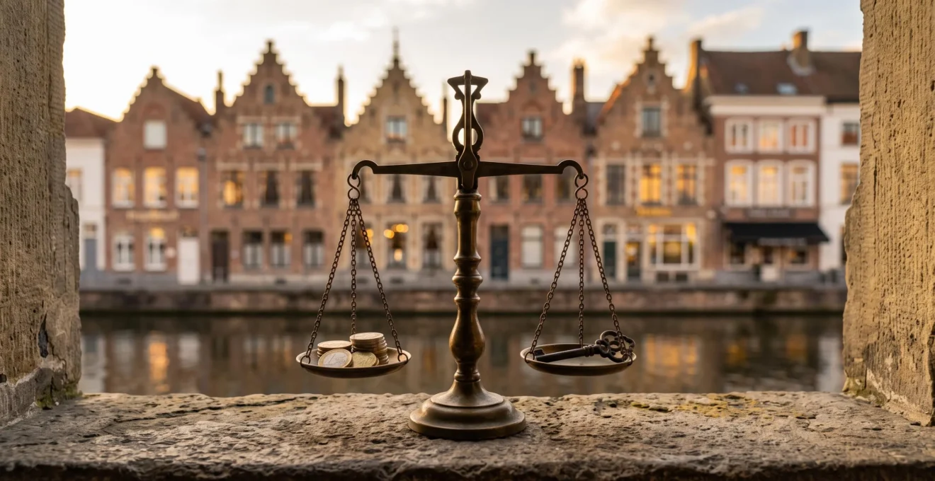 Illustration symbolique d'une balance en équilibre entre pièces et clés devant des façades typiques de maisons belges, représentant la maîtrise de la trésorerie personnelle
