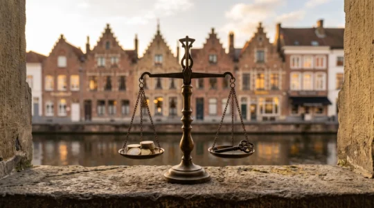 Illustration symbolique d'une balance en équilibre entre pièces et clés devant des façades typiques de maisons belges, représentant la maîtrise de la trésorerie personnelle
