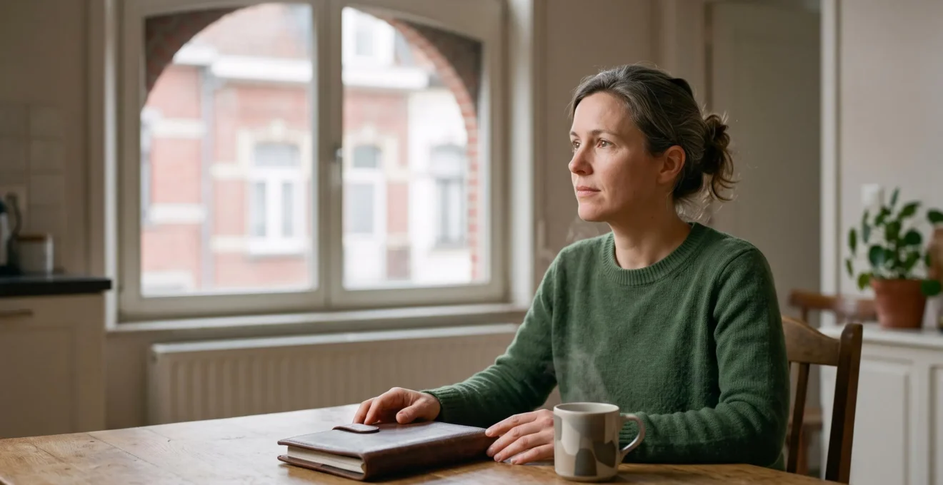 Une personne installee a une table en bois anticipant calmement ses finances personnelles dans un interieur belge lumineux