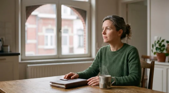 Une personne installee a une table en bois anticipant calmement ses finances personnelles dans un interieur belge lumineux