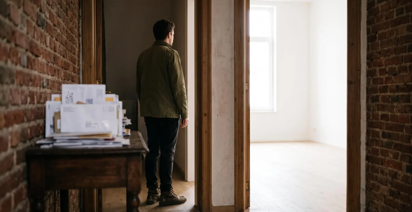 Silhouette d'une personne franchissant un seuil lumineux entre l'ombre de factures empilées et un espace dégagé, symbolisant la sortie du surendettement en Belgique
