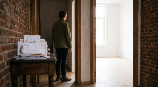 Silhouette d'une personne franchissant un seuil lumineux entre l'ombre de factures empilées et un espace dégagé, symbolisant la sortie du surendettement en Belgique