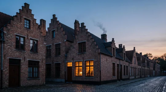 Facade d'une maison mitoyenne belge typique au crepuscule avec des fenetres eclairees de maniere chaleureuse contrastant avec un ciel bleu froid, symbolisant la maitrise du budget energie