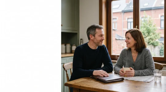Couple belge à table de cuisine réorganisant sereinement son budget familial après un regroupement de crédits