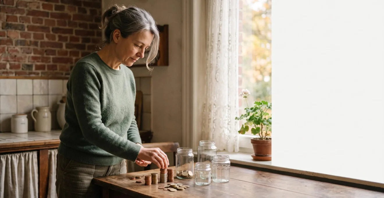 Une personne réorganise symboliquement son budget familial dans un intérieur belge typique, illustrant l'adaptation financière face à une baisse de revenus.