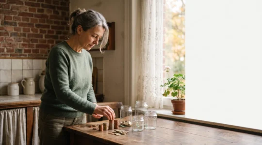 Une personne réorganise symboliquement son budget familial dans un intérieur belge typique, illustrant l'adaptation financière face à une baisse de revenus.