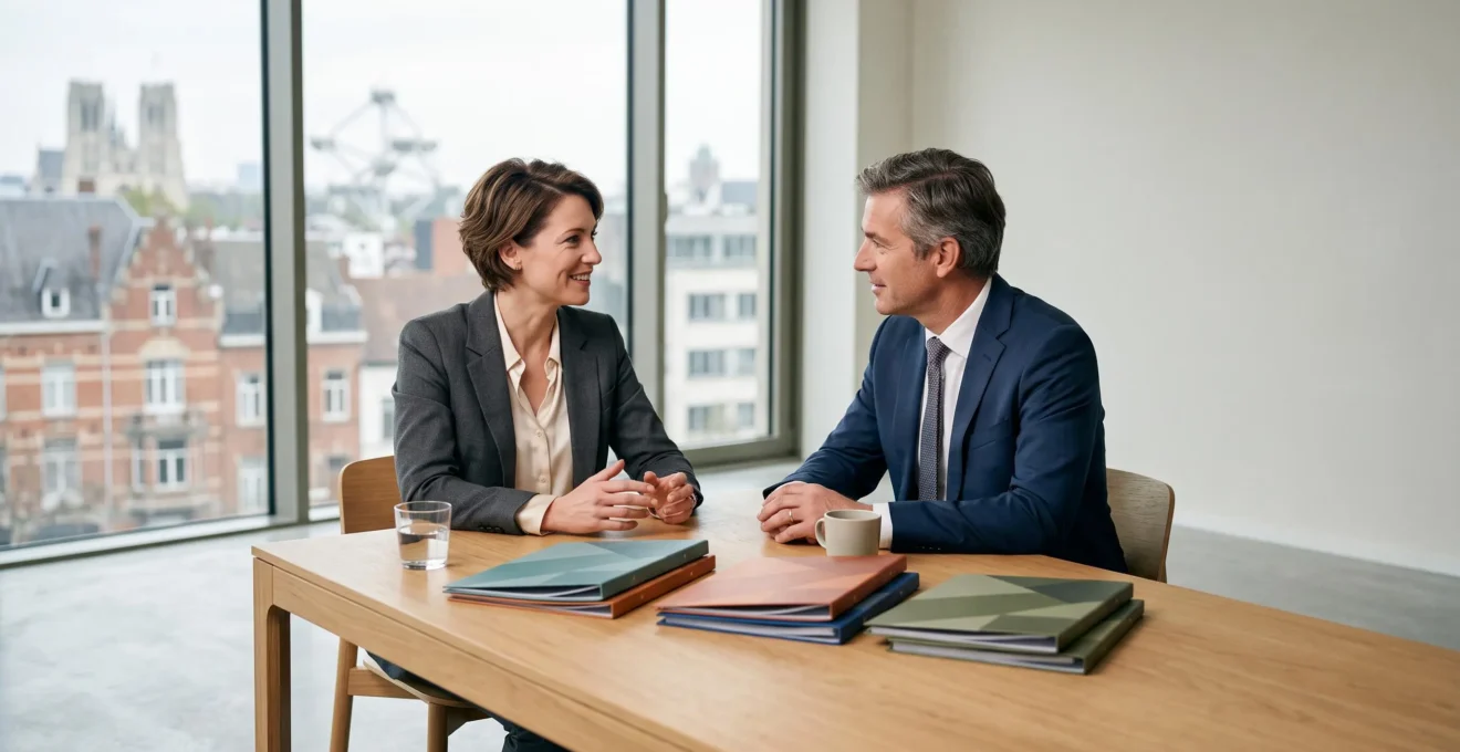 Entrepreneur et banquier belge examinant ensemble des documents financiers séparés lors d'un rendez-vous professionnel