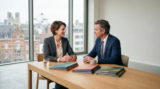 Entrepreneur et banquier belge examinant ensemble des documents financiers séparés lors d'un rendez-vous professionnel