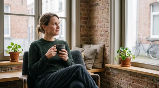 Vue éditoriale d'une personne en Belgique consultant sereinement ses finances personnelles, symbolisant la construction de revenus supplémentaires accessibles