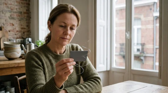 Illustration conceptuelle d'une personne belge réfléchissant face à une carte de crédit, symbolisant la maîtrise du crédit renouvelable pour éviter le surendettement