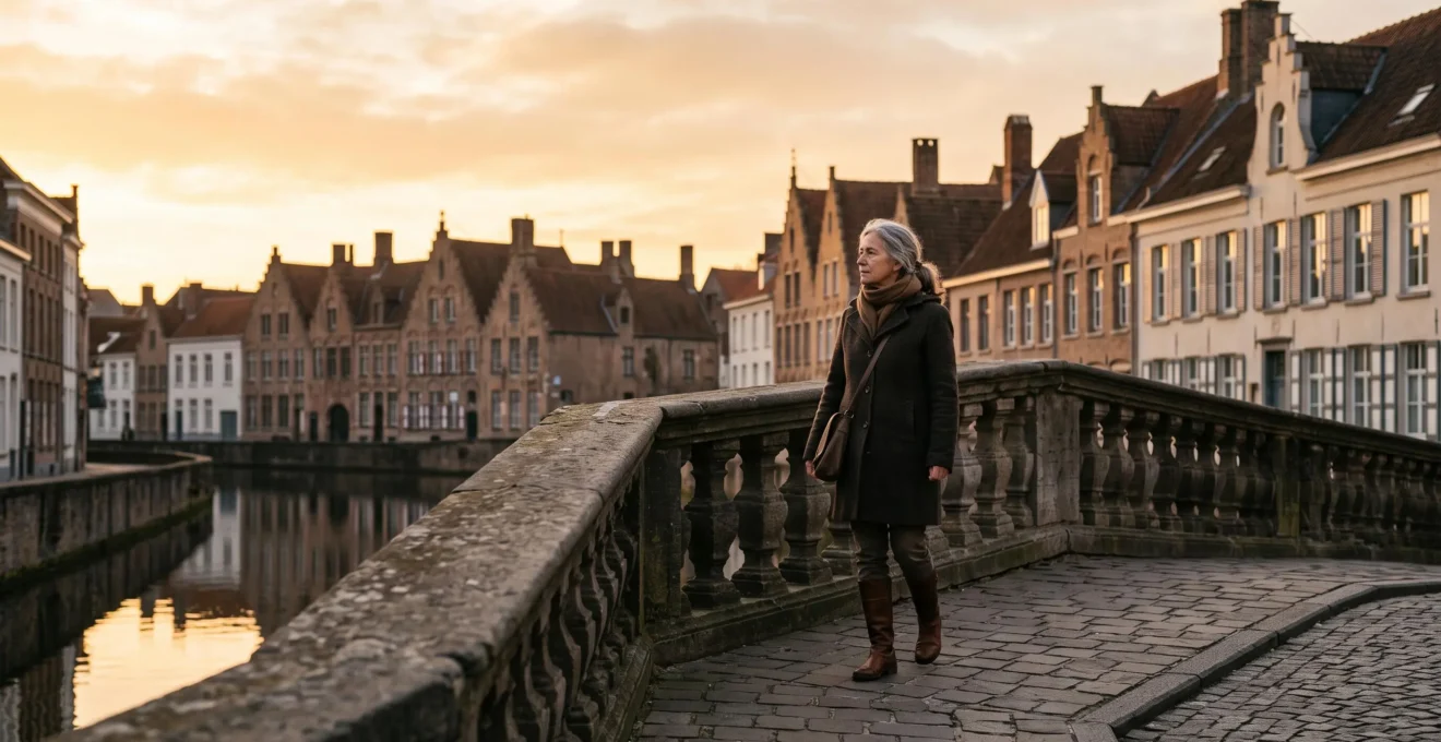 Silhouette d'une personne senior sur un pont au-dessus d'un canal belge au coucher du soleil, symbolisant le passage vers la retraite