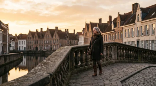 Silhouette d'une personne senior sur un pont au-dessus d'un canal belge au coucher du soleil, symbolisant le passage vers la retraite