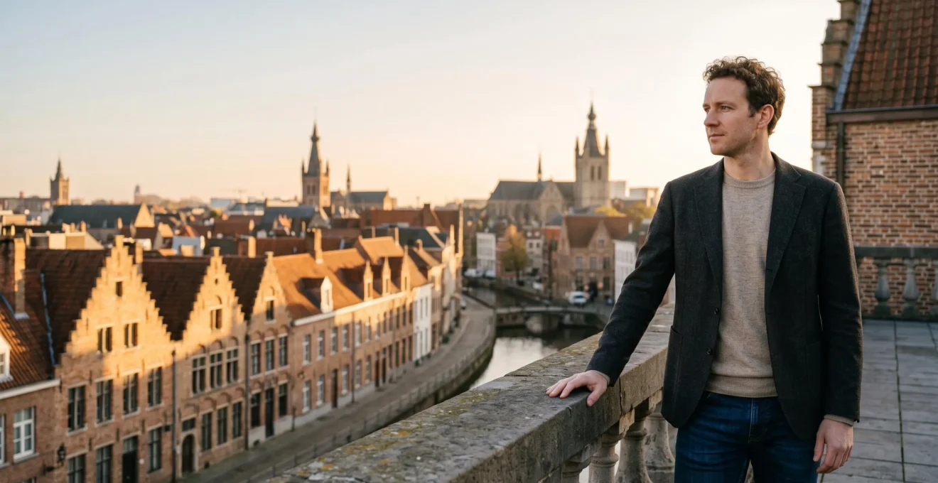 Vue panoramique d'une personne surplombant une ville belge au lever du jour, symbolisant une vision globale du patrimoine financier personnel.