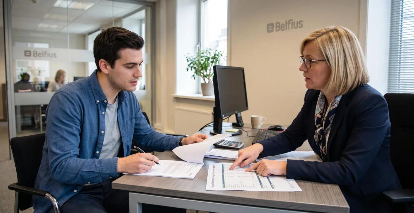 Un jeune homme étudie son financement avec un conseiller bancaire dans une agence.