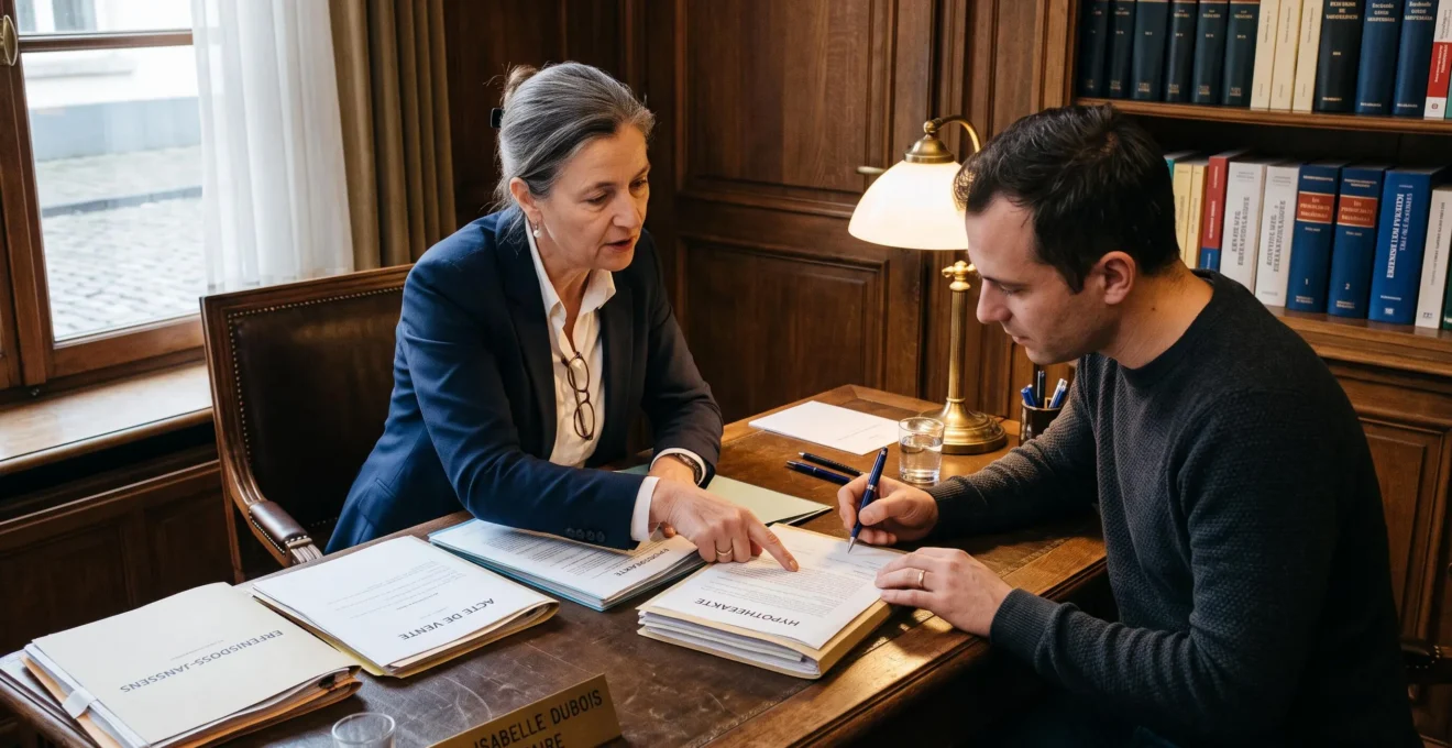 Un notaire explique un dossier de crédit hypothécaire à un héritier dans son étude.