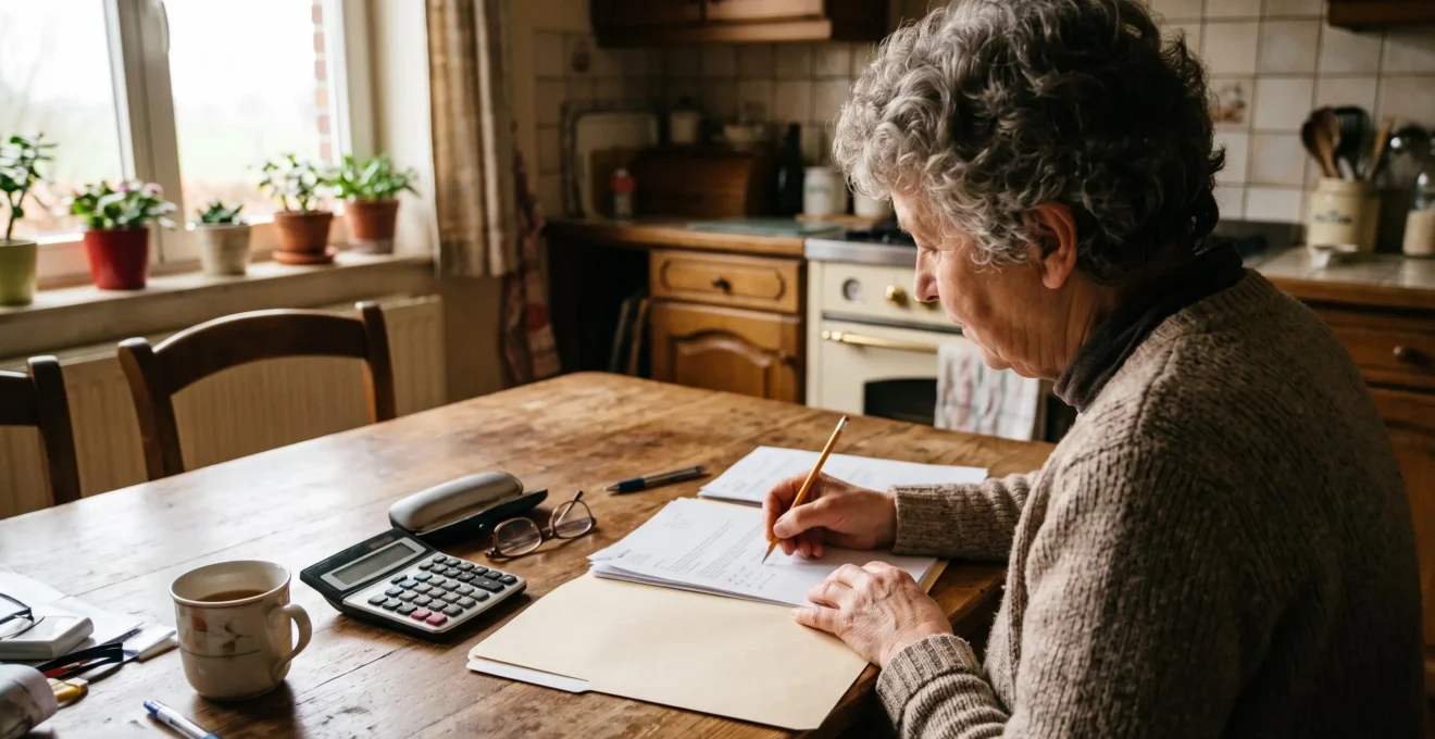 Une femme âgée annoté des papiers de préparation de succession à sa table de cuisine.